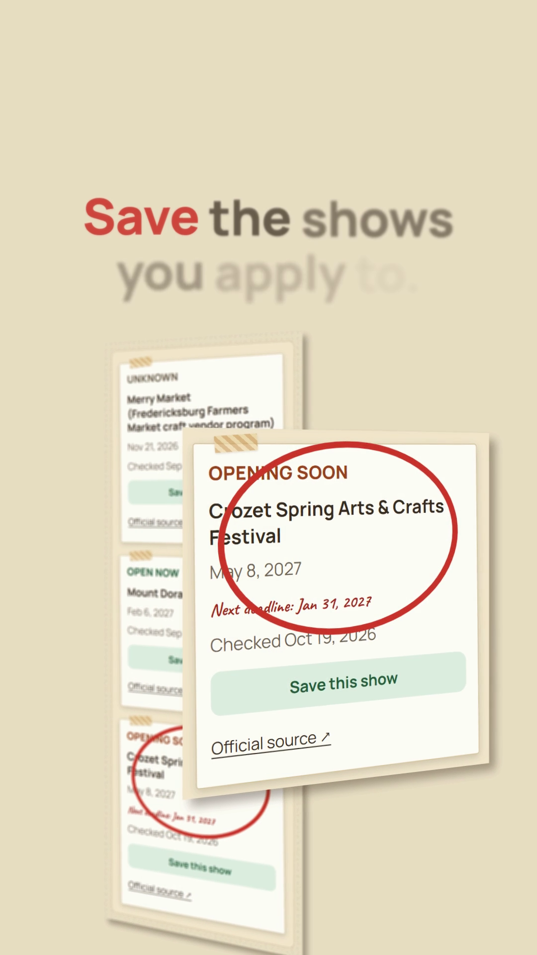 Still at 2 seconds: the Crozet card with the red ring arrives sharp, the tall wall of three shows behind it