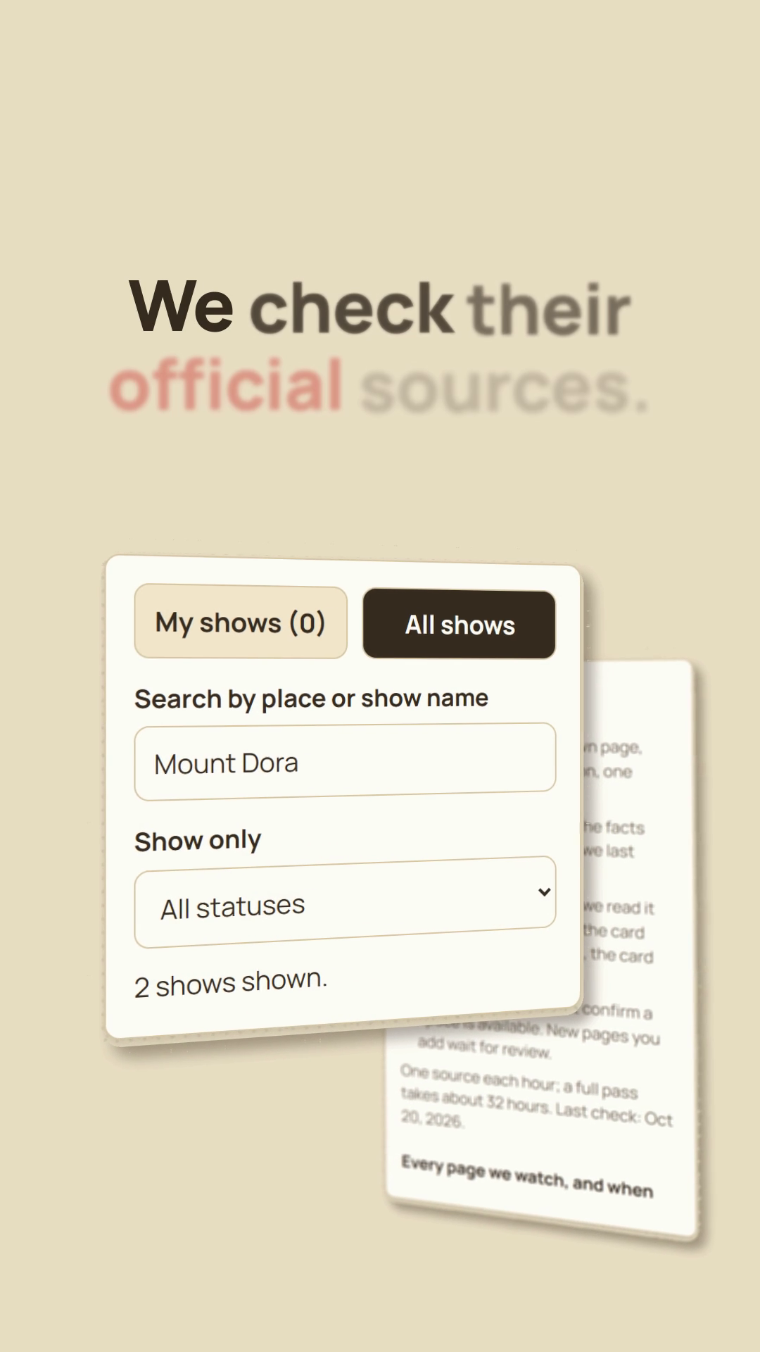 Still at 4 seconds: the search box with Mount Dora typed in, the How we check card behind
