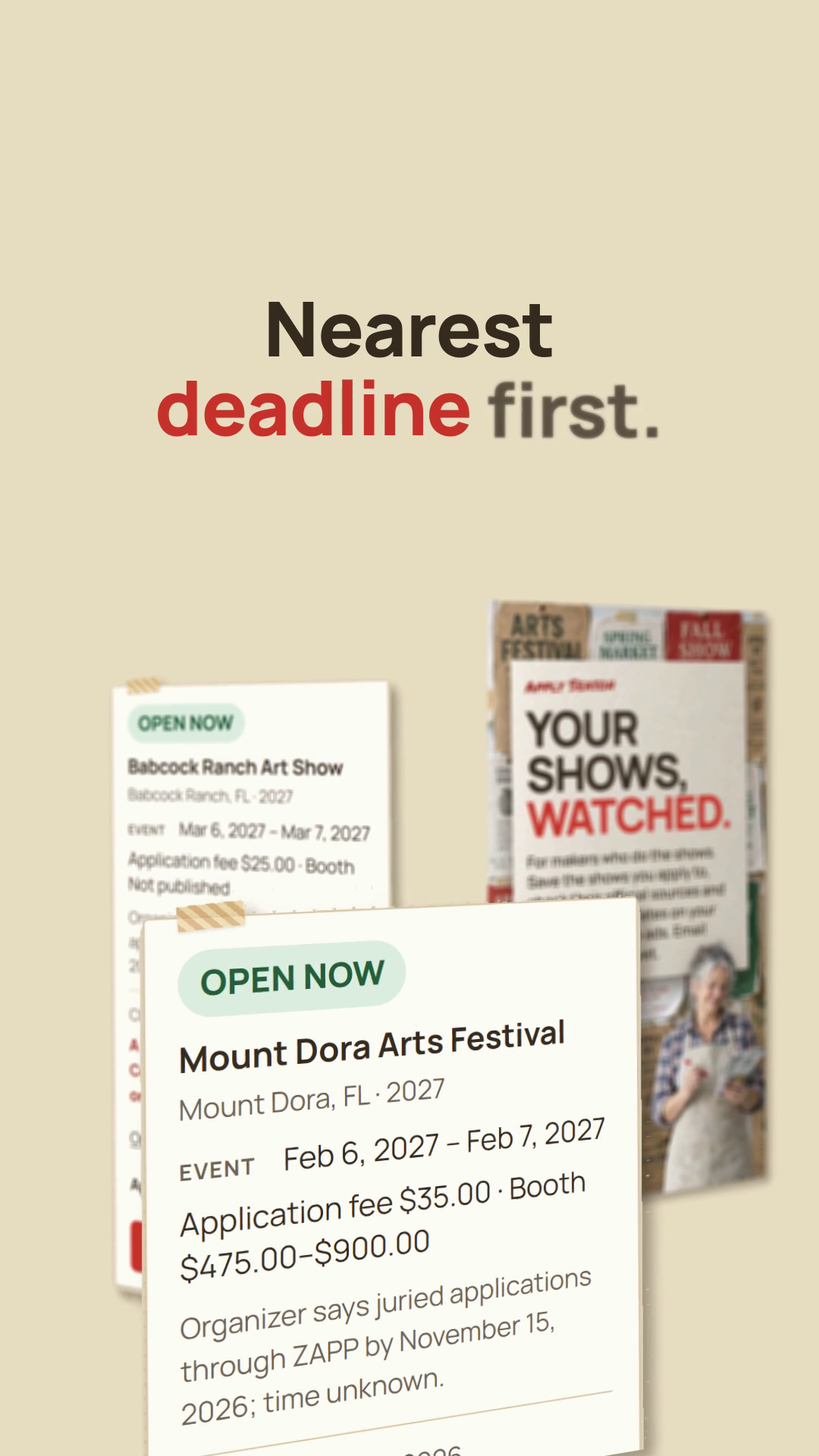 Still at 6 seconds: the Mount Dora card, Open now, near; the Babcock card and the door in depth