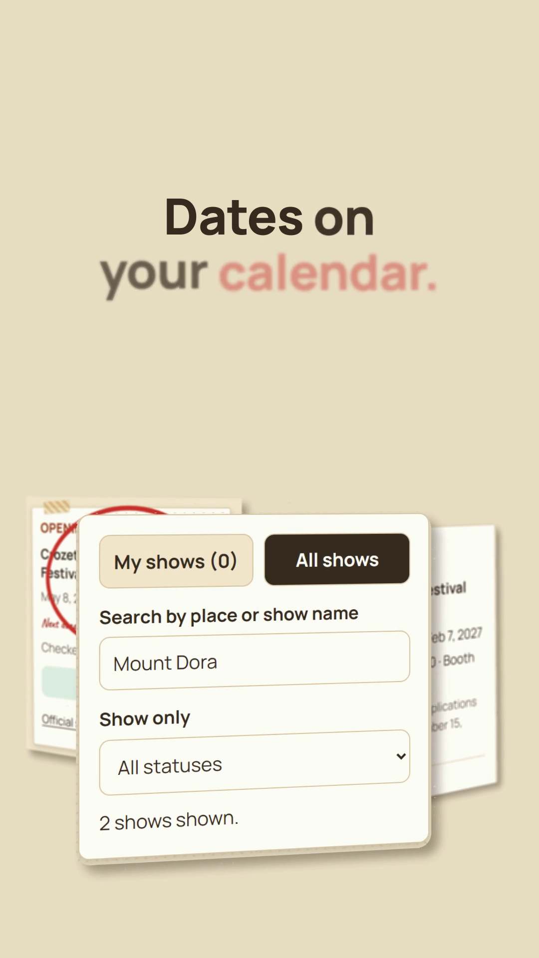 Still at 8 seconds: three panels fanned in depth under the line Dates on your calendar