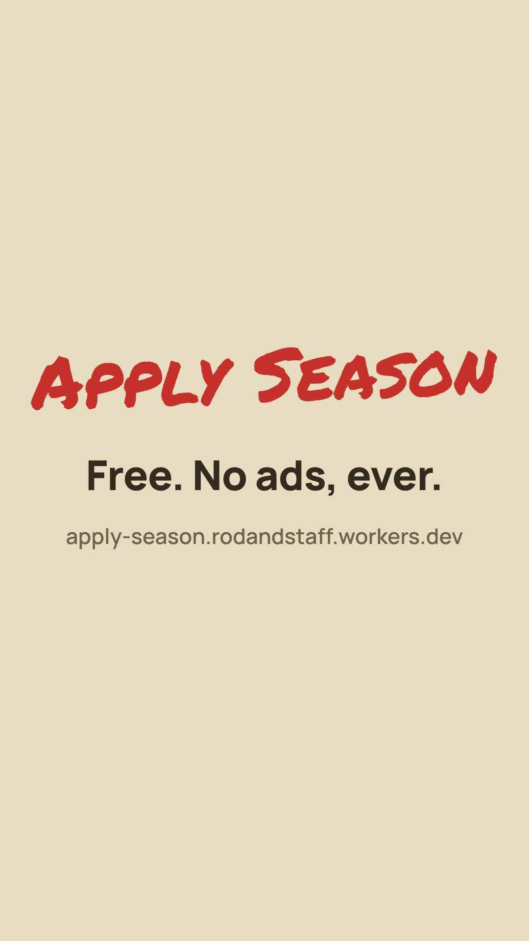 Still at 10.5 seconds: the end card, the Apply Season wordmark, Free. No ads, ever., and the address